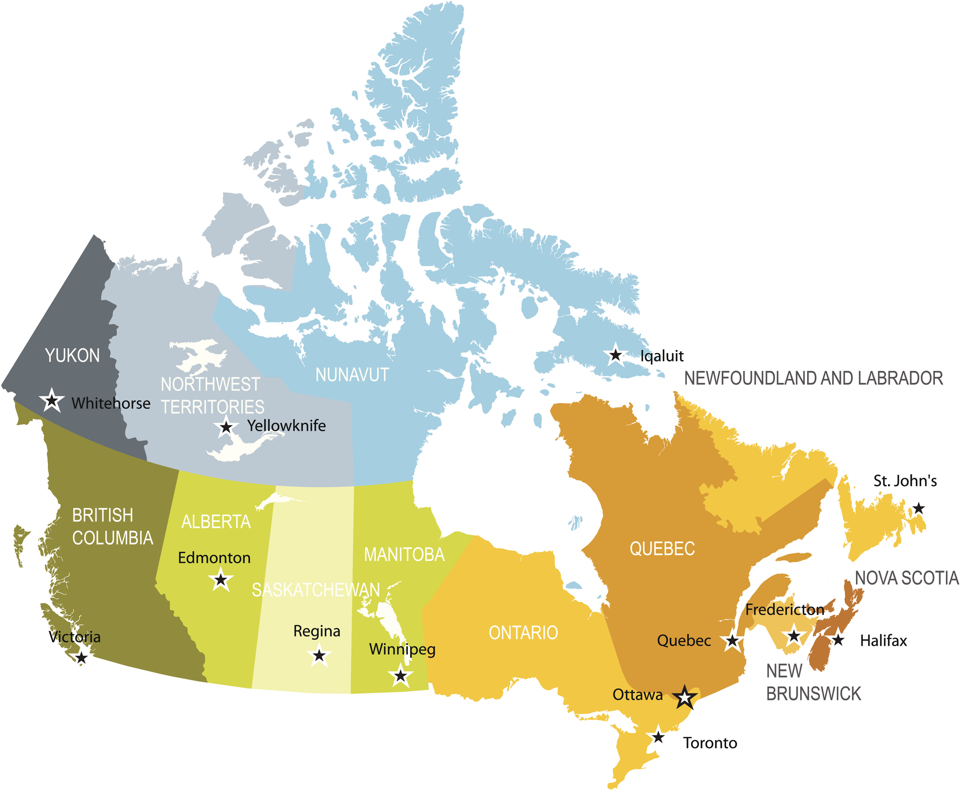 Image des provinces et territoires du pays du Canada, avec les capitales de chaque province.