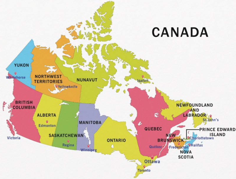 Image of the provinces and territories of the country of Canada, with capital cities of each province.